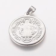 304 Stainless Steel Pendants with 201 Stainless Clasp, Flat Round with Saint Benedict Medal, Stainless Steel Color, 39.5x35.5x3mm, Hole: 5x10mm(STAS-E117-01P)