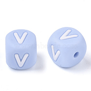 Food Grade Eco-Friendly Silicone Beads, Horizontal Hole, Chewing Beads For Teethers, DIY Nursing Necklaces Making, Letter Style, Cube, Light Sky Blue, Letter.V, 10x10x10mm, Hole: 2mm(X-SIL-R011-10mm-02V)