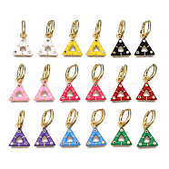 Brass Micro Pave Cubic Zirconia Huggie Hoop Earrings, with Enamel, Nickel Free, Triangle, Real 16K Gold Plated, Mixed Color, 24.5x13mm, Pin: 1mm(EJEW-T014-43G-NF)