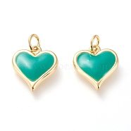 Real 20K Gold Plated Brass Charms, with Enamel and Jump Rings, Long-Lasting Plated, Heart, Green, 14x13x2.8mm, Jump Ring: 5x1mm, 3mm Inner Diameter(X-KK-L006-019B)