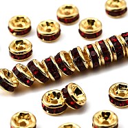 Brass Grade A Rhinestone Spacer Beads, Golden Plated, Rondelle, Nickel Free, Siam, 4x2mm, Hole: 0.8mm(RSB034NF-09G)