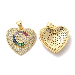 Brass Micro Pave Cubic Zirconia Pendants, Heart Charm, Golden, Colorful, 21x20.5x5mm, Hole: 4.5x3.5mm(KK-A180-23G)