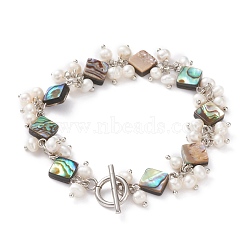 Rhombus Natural Abalone Shell/Paua Shell Beaded Bracelets, with Natural Pearl Beads and 304 Stainless Steel Toggle Clasps, Colorful, 7-7/8 inch(20cm)(BJEW-JB05776-03)