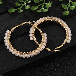 Beaded Hoop Earrings, with Natural Rose Quartz Beads, Golden Plated 304 Stainless Steel Hoop Earrings and Cardboard Packing Box, 50mm, Pin: 0.6x1mm(X-EJEW-JE03830-03)