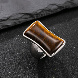 304 Stainless Steel with Natural Tiger Eye Finger Rings for Men, Stainless Steel Color, Rectangle, US Size 10(19.8mm)(FS-WG9BB25-19)