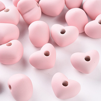 Acrylic Beads, Rubberized Style, Half Drilled Beads, Heart, Pink, 14.5x18.5x13.5mm, Hole: 3.5mm