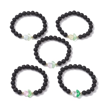 Natural Lava Rock Round Beaded Stretch Bracelets, with Transparent Glass Flower Beads and Electroplate Non-magnetic Synthetic Hematite Beads Strands, Mixed Color, Inner Diameter: 2-1/8 inch(5.4cm)