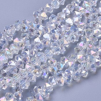 Electroplate Glass Beads Strands, Top Drilled Beads, AB Color Plated, Faceted, Hexagon, AB Color Plated, 6x6x4.5mm, Hole: 1.2mm, about 100pcs/strand, 11.42 inch(29cm)