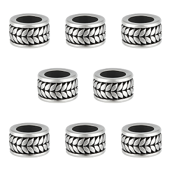 8Pcs 304 Stainless Steel Beads, Column with Wheat, Antique Silver, 9.5x6mm, Hole: 6.5mm