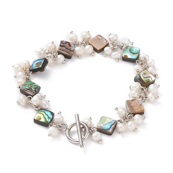 Rhombus Natural Abalone Shell/Paua Shell Beaded Bracelets, with Natural Pearl Beads and 304 Stainless Steel Toggle Clasps, Colorful, 7-7/8 inch(20cm)