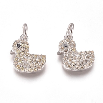 Brass Micro Pave Cubic Zirconia Charms, with Jump Rings, Duck, Clear & Black, Platinum, 12x10.5x3mm, Hole: 3mm