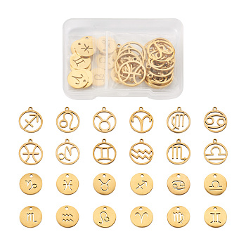 24Pcs 304 Stainless Steel Pendants, Flat Round with Twelve Constellations, Golden, 18x16x1.5mm, Hole: 1.2mm, 1pc/constellation