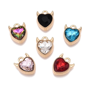 Rack Plating Alloy Pendants, with Glass, Heart Charms, Golden, 13x10.5x4.5mm, Hole: 1.8mm