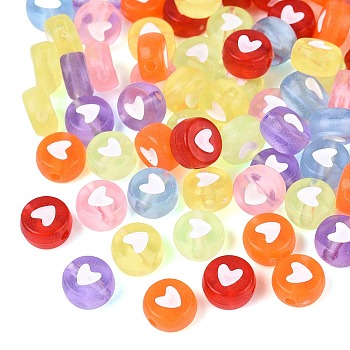 Transparent Acrylic Beads, Flat Round & Heart, Mixed Color, 7x3.5~4mm, Hole: 1.5mm, about 3570pcs/500g