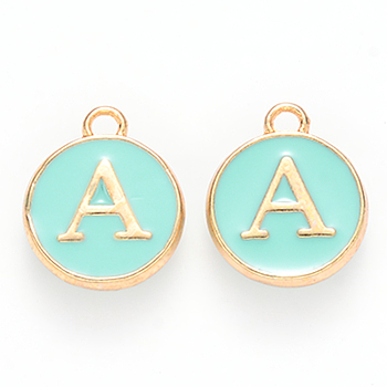 Golden Plated Alloy Enamel Charms, Cadmium Free & Lead Free, Enamelled Sequins, Flat Round with Letter, Turquoise, Letter.A, 14x12x2mm, Hole: 1.5mm