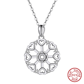 925 Sterling Silver Pendant Cabochon Setting Micro Pave Clear Cubic Zirconia, Flower, Real Platinum Plated, 19x17x2.5mm, Hole: 4x2.5mm, Tray: 3.5mm