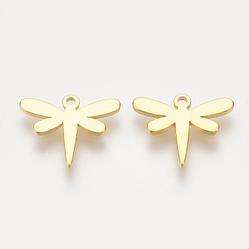 Brass Charms, Dragonfly, Nickel Free, Real 18K Gold Plated, 10.5x12.5x1mm, Hole: 0.8mm