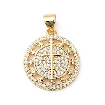 Rack Plating Brass Micro Pave Clear Cubic Zirconia Pendants, Cadmium Free & Lead Free, Flat Round with Cross, Real 18K Gold Plated, 21x18x2.5mm, Hole: 4.5x3.5mm