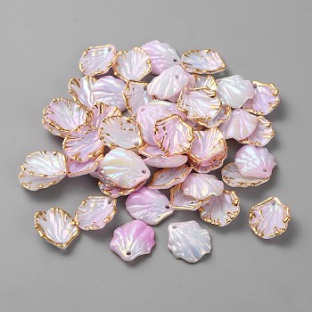 Opaque Acrylic Pendants, Gold Stamping Edge Leaf Charms, Pearl Pink, 17x15x4mm, Hole: 1.5mm