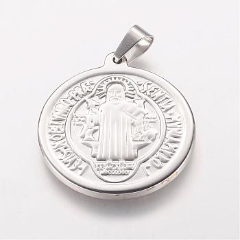 304 Stainless Steel Pendants with 201 Stainless Clasp, Flat Round with Saint Benedict Medal, Stainless Steel Color, 39.5x35.5x3mm, Hole: 5x10mm