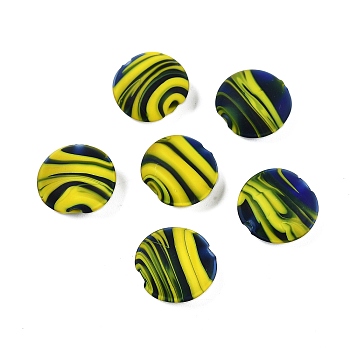 Opaque Handmade Lampwork Beads, Stripe, Flat Round, Yellow, 15x7.5mm, Hole: 1.6mm