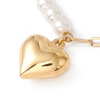 Ion Plating(IP) 304 Stainless Steel Heart Pendant Necklace with Acrylic Pearl for Women, Golden, 16.54 inch(42cm)