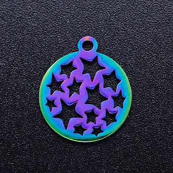 Ion Plating(IP) 201 Stainless Steel Pendants, Flat Round with Star, Rainbow Color, 16x14x1mm, Hole: 1.5mm