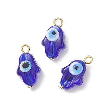 Handmade Evil Eye Lampwork Pendants, with Iron Findings, Hamsa Hand, Blue, 17.5~18x10x6~7mm, Hole: 1.8~2mm
