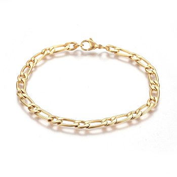Ion Plating(IP) 304 Stainless Steel Figaro Chain Bracelets, with Lobster Claw Clasps, Golden, 8-1/4 inch(21cm), 5mm