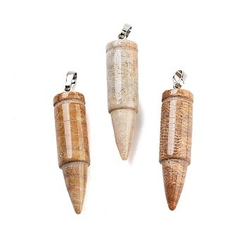 Natural Fossil Coral Pointed Pendants, Bullet Shaped Charms with Rack Plating Platinum Tone Brass Snap on Bails, 40x10mm, Hole: 7x4mm