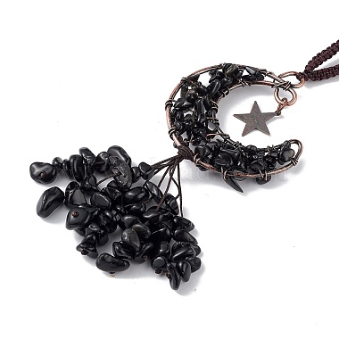 Natural Black Agate Moon with Chips Tassel Pendant Decorations(G-L524-07R-B01)-3