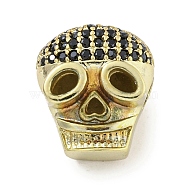 Brass Micro Pave Black Cubic Zirconia Beads, Skull, Real 18K Gold Plated, 12x11x9.5mm, Hole: 2mm(ZIRC-P119-21G-02)