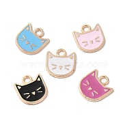 Rack Plating Alloy Enamel Charms, Cadmium Free & Lead Free, Light Gold, Cat Shape Charm, Mixed Color, 14.5x13x1mm, Hole: 2.5mm(X-ENAM-P254-03KCG)