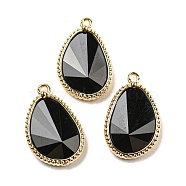Natural Obsidian Faceted Pendants, Rack Plating Golden Plated Brass Teardrop Charms, 23x15x4~4.5mm, Hole: 1.4mm(G-M431-14G-01)