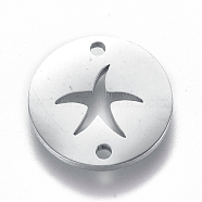 Tarnish Resistant 304 Stainless Steel Links connectors, Flat Round with Starfish, Stainless Steel Color, 12x1mm, Hole: 1.2mm(STAS-L224-010P)