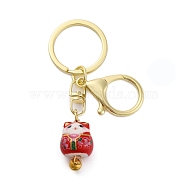 Fortune Cat Porcelain Pendant Keychain, with Iron Keychain Ring and Alloy Lobster Claw Clasps, FireBrick, 8.7cm(KEYC-G064-02D)