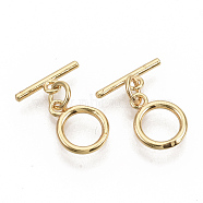 Brass Toggle Clasps, with Jump Rings, Nickel Free, Ring, Real 18K Gold Plated, Ring: 12x9x1.5mm, Hole: 1.2mm, Bar: 12.5x1.5mm, Hole: 1.2mm, Jump Ring: 5x0.8mm.(X-KK-T051-25G-NF)
