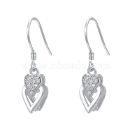 925 Sterling Silver Earring Findings, with Micro Pave Cubic Zirconia, Bar Links and Ice Pick Pinch Bail, Heart, Carved 925, Platinum, 26mm, Pin: 0.8mm(STER-F048-40P)