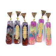 Transparent Epoxy Resin Pendants, with Natural Gemstone Chip and Antique Golden Tone Iron Peg Bail and Foil, with Brass Snap On Bails, Cuboid, Mixed Color, 50.5x10.5x8mm, Hole: 5x9mm.(RESI-T049-18)