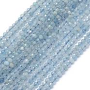 Natural Aquamarine Beads Strands, Round, Grade A, Faceted, 2mm, Hole: 0.5mm, about 150pcs/strand, 15.35 inch(39cm)(G-E411-19A-2mm)