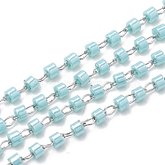 TOHO Japan Import Seed Beads, Handmade Glass Beaded Chains, Soldered, Opaque Colours Lustered, with Stainless Steel Findings, Column, Stainless Steel Color, Aqua, 2mm, about 26.24 Feet(8m)/strand(CHS-S004-03B)