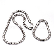 304 Stainless Steel Box Chain Necklaces and Bracelets Jewelry Sets, with Lobster Claw Clasps, Stainless Steel Color, 17.9 inch, 8-1/4 inch~9 inch(210~230mm)(SJEW-K029-P)