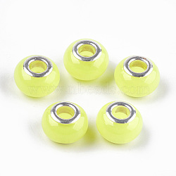 Resin European Beads, Imitation Jelly, Large Hole Beads, with Brass Cores, Rondelle, Silver Color Plated, Yellow, 14x9mm, Hole: 5mm(RPDL-Q022-04)