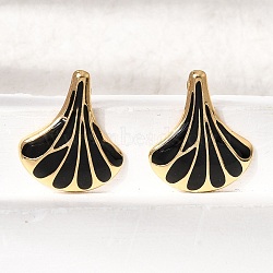 Brass Stud Earrings for Women, with Enamel, Shell Shape, Rack Plating, Long-Lasting Plated, Lead Free & Cadmium Free, Real 18K Gold Plated, Black, 26x22mm(KK-CBA9D38-01G-01)