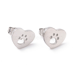 304 Stainless Steel Heart with Dog Paw Print Stud Earrings for Women, Stainless Steel Color, 9x11x1.5mm, Pin: 0.8mm(EJEW-G328-02P)