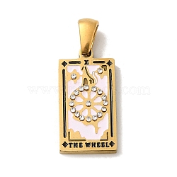 304 Stainless Steel Pendants, with Enamel and Glass Rhinestone, Rectangle with Tarot Charm, Golden, Pink, 19x10.5x2.5mm, Hole: 4x7mm(STAS-C100-02E-G)
