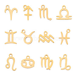 12Pcs 12 Constellations Manual Polishing 304 Stainless Steel Charms, Golden, 12 Constellations, 7.5~12x7~10x1mm, Hole: 1.2mm, 12 style, 1pc/style(STAS-CA0001-83)