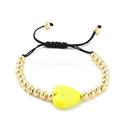 Handmade Lampwork Heart Bracelets, Adjustable 6mm Round Brass Braided Bead Bracelets for Women, Real 18K Gold Plated, Yellow, Inner Diameter: 1-7/8~3-1/8 inch(4.8~7.8cm), Heart: 19x20.5x7mm(BJEW-Q338-01B)
