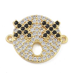 Rack Plating Brass Micro Pave Clear Cubic Zirconia Flat Round Connector Charms, Funny X Face Links, Real 18K Gold Plated, Long-Lasting Plated, Black, 18x22x3mm, Hole: 1.2mm(KK-A234-040G-03)