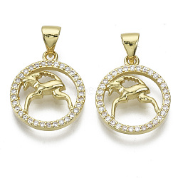Brass Micro Pave Cubic Zirconia Pendants, Nickel Free, with Snap on Bail, Flat Round with Constellation, Clear, Real 18K Gold Plated, Aries: 17.5x15x2.5mm, Hole: 4x3mm(X-ZIRC-S061-199H-G-NF)